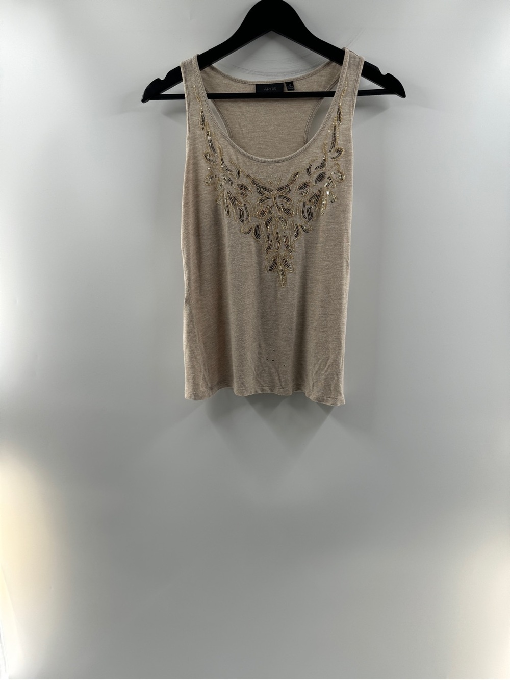 AT9 Beige Beaded Sequin Racerback Tank Top Women’s Medium Y2K Embellished